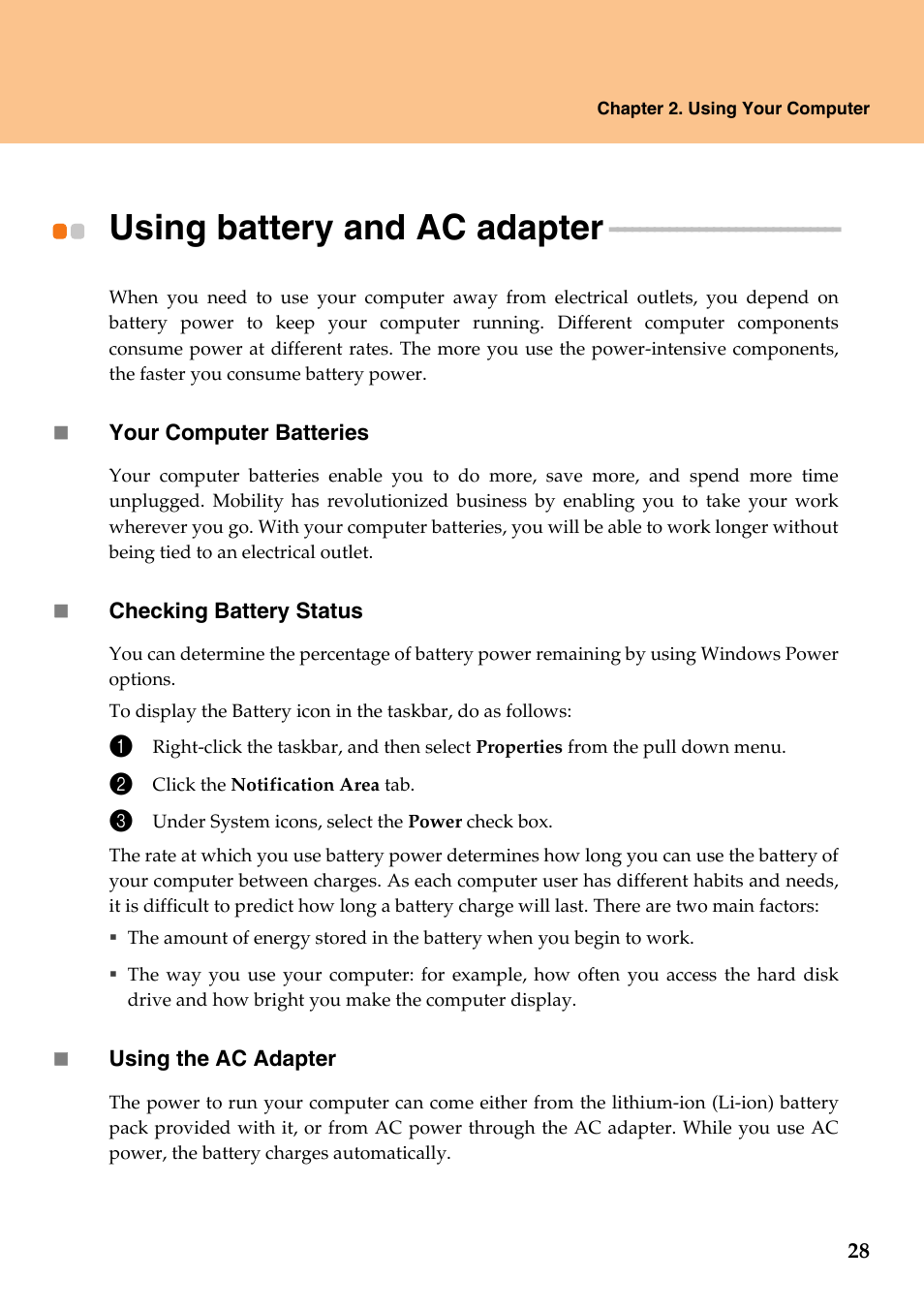 Using battery and ac adapter | Lenovo IdeaPad Y510 User Manual | Page 33 / 77