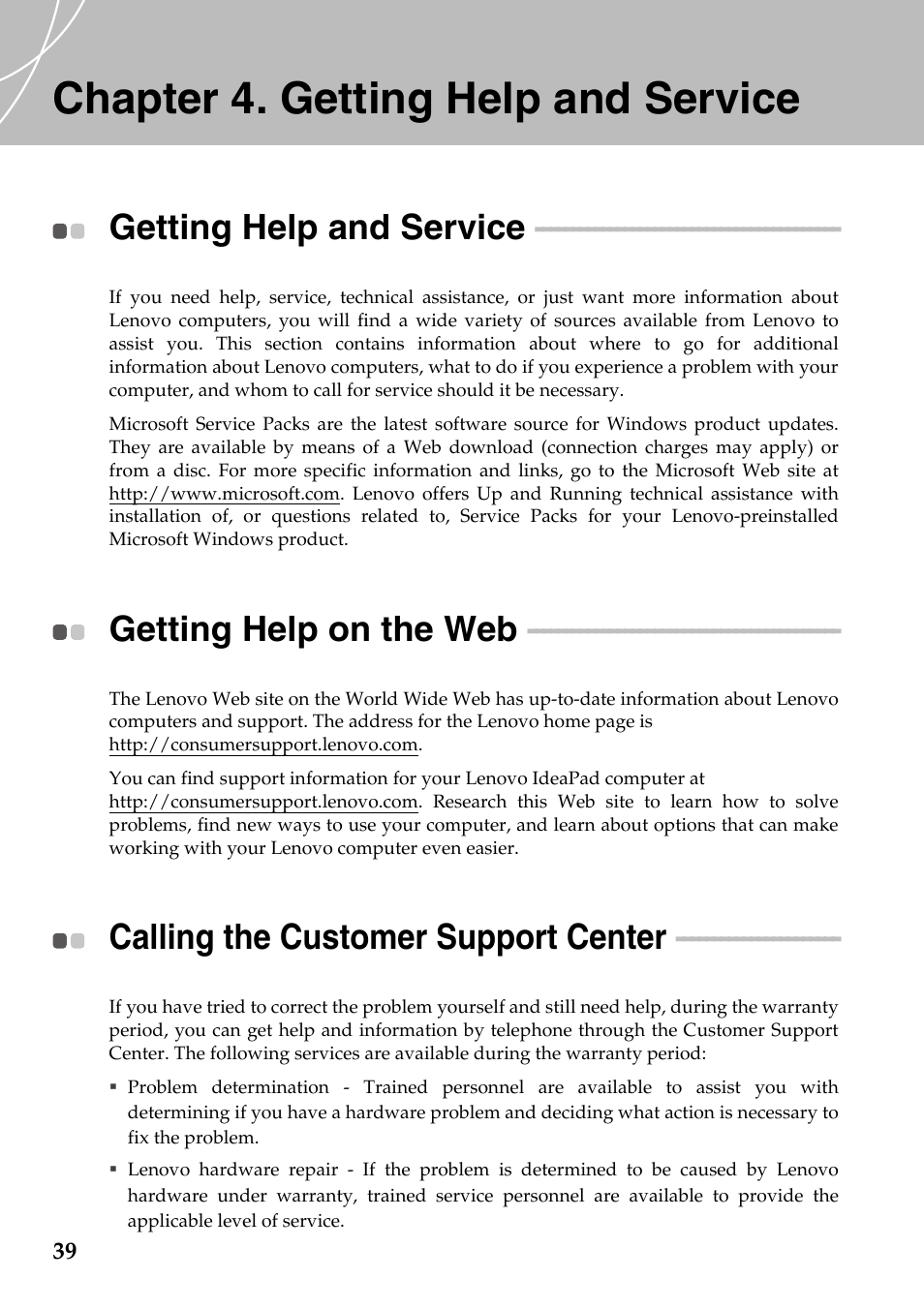 Chapter 4. getting help and service, Getting help and service, Getting help on the web | Calling the customer support center | Lenovo IdeaPad Y510 User Manual | Page 44 / 77