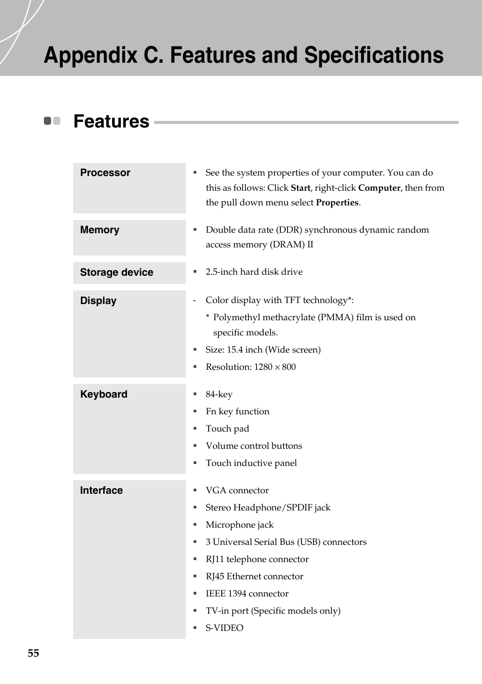Appendix c. features and specifications, Features | Lenovo IdeaPad Y510 User Manual | Page 60 / 77