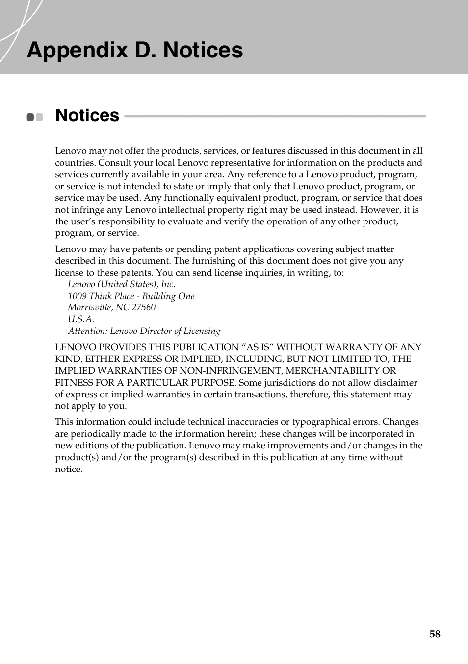 Appendix d. notices, Notices | Lenovo IdeaPad Y510 User Manual | Page 63 / 77