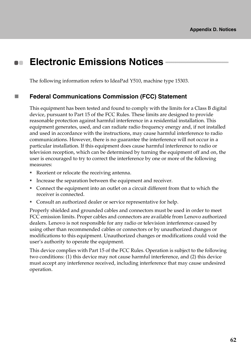 Electronic emissions notices | Lenovo IdeaPad Y510 User Manual | Page 67 / 77