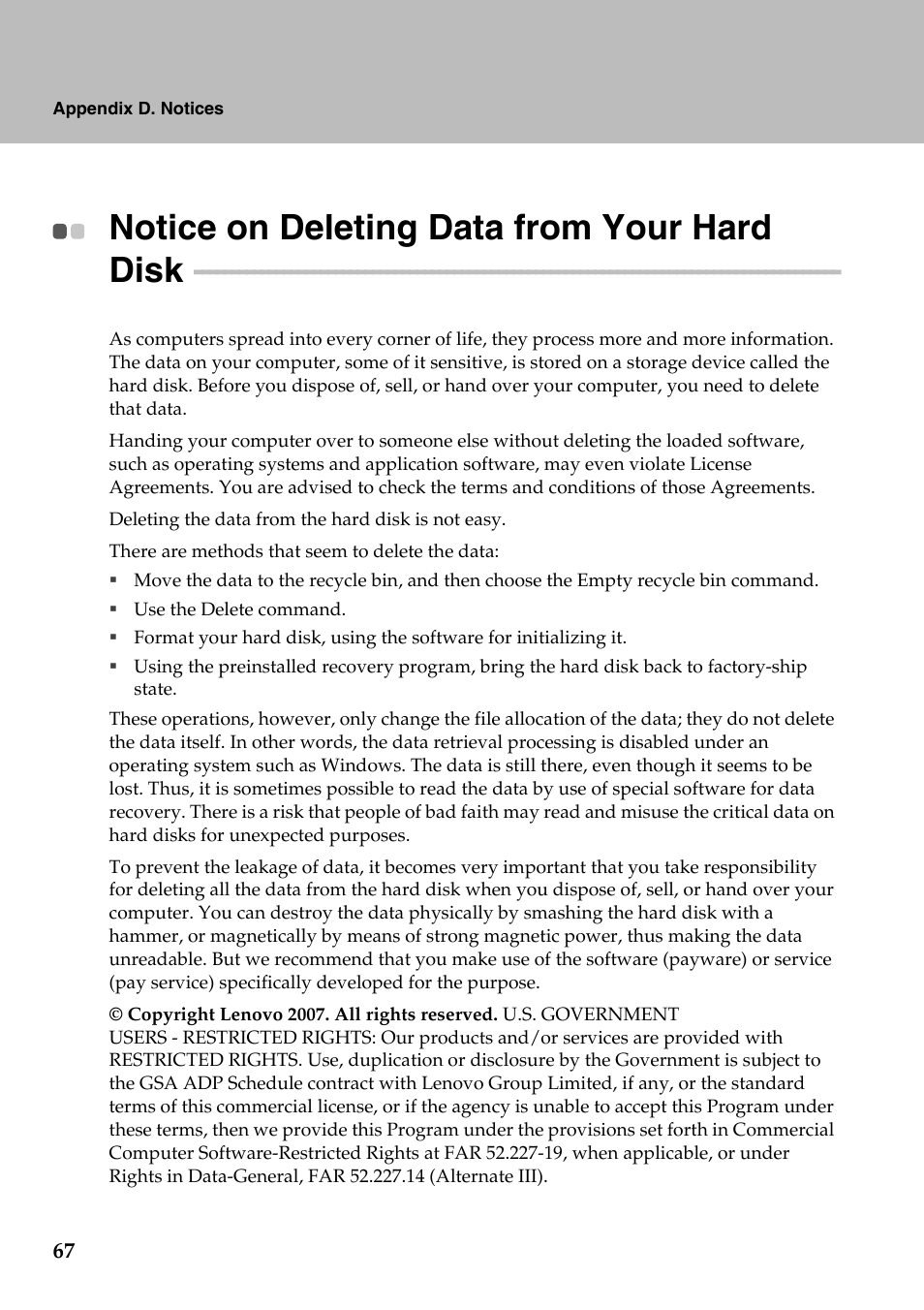 Notice on deleting data from your hard disk | Lenovo IdeaPad Y510 User Manual | Page 72 / 77