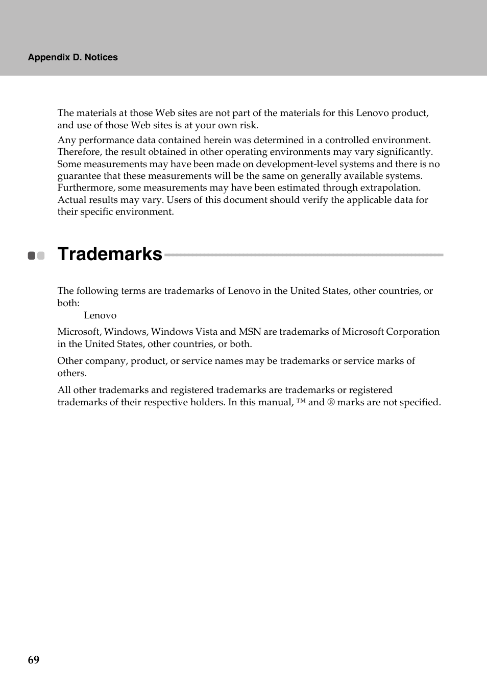 Trademarks | Lenovo IdeaPad Y510 User Manual | Page 74 / 77
