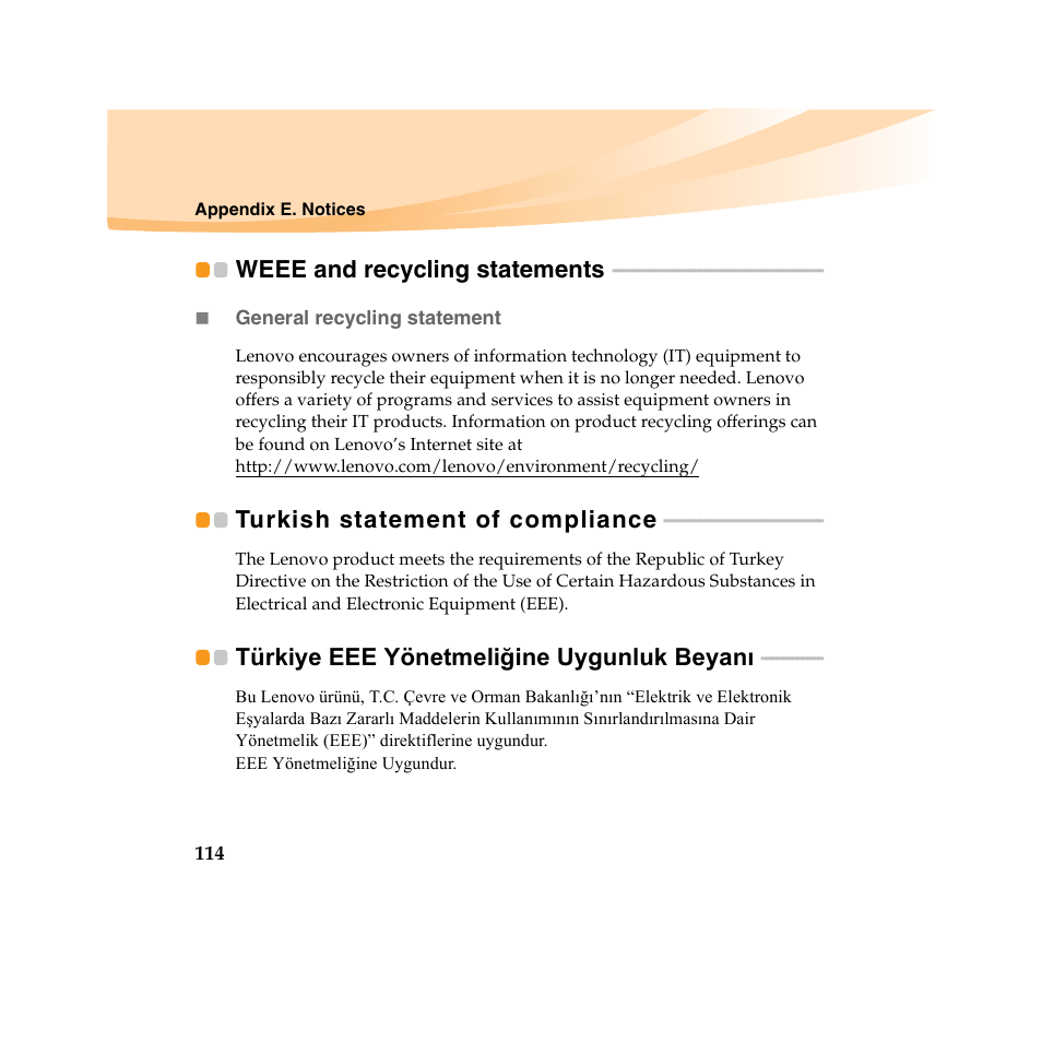 Weee and recycling statements, Turkish statement of compliance, Türkiye eee yönetmeliğine uygunluk beyanı | Lenovo IdeaPad U450 User Manual | Page 128 / 142