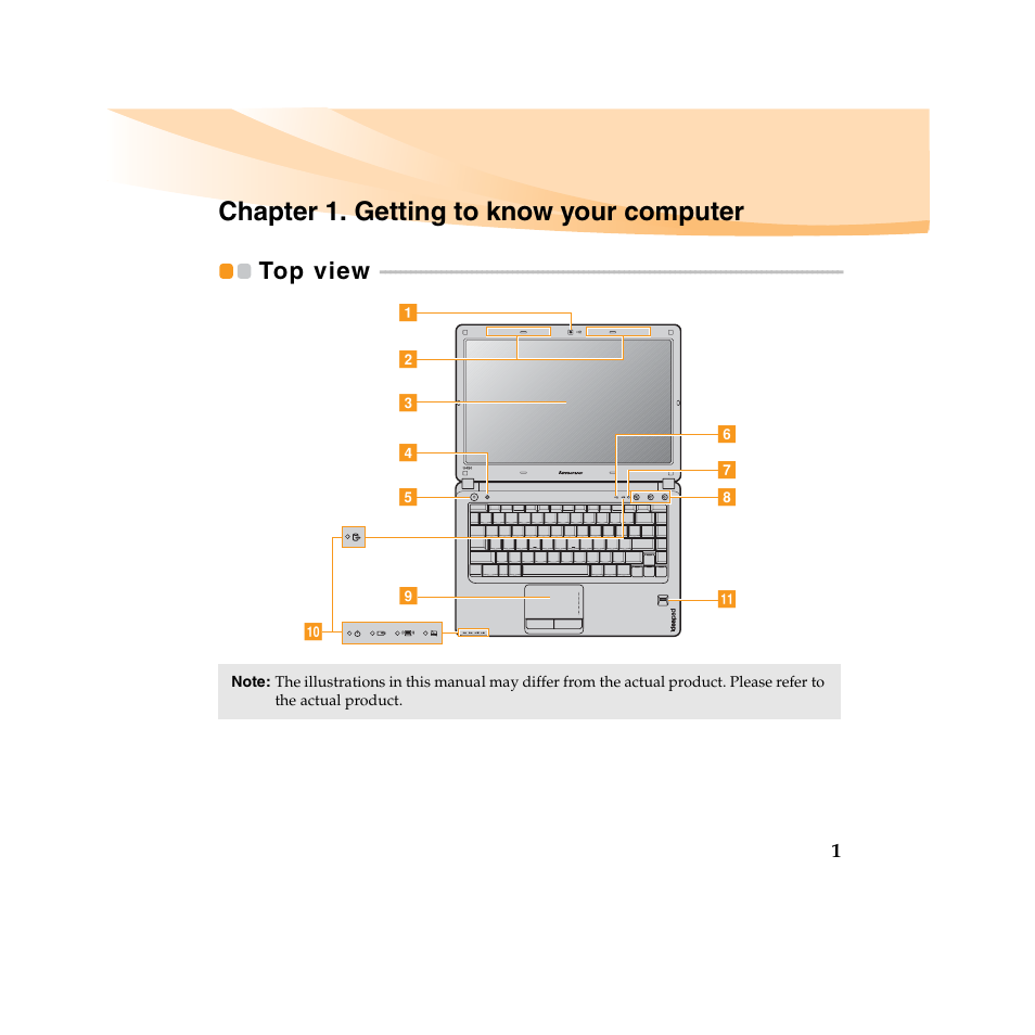 Chapter 1. getting to know your computer, Top view | Lenovo IdeaPad U450 User Manual | Page 15 / 142