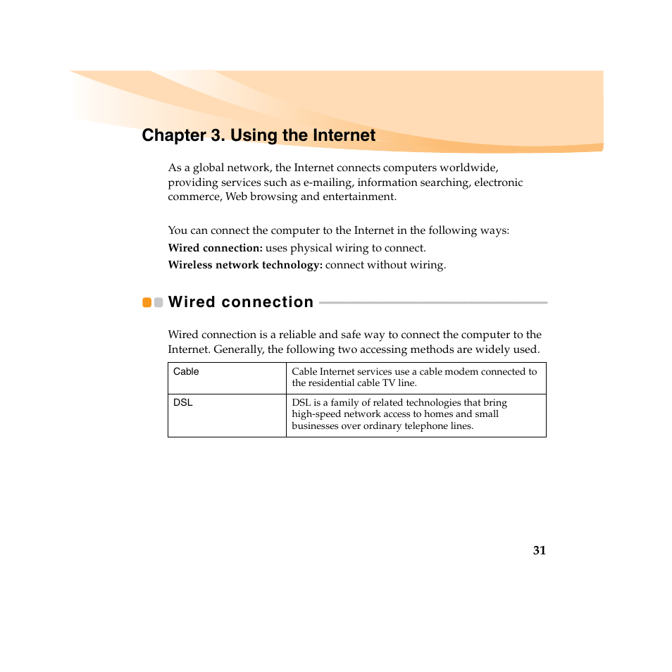 Chapter 3. using the internet, Wired connection | Lenovo IdeaPad U450 User Manual | Page 45 / 142