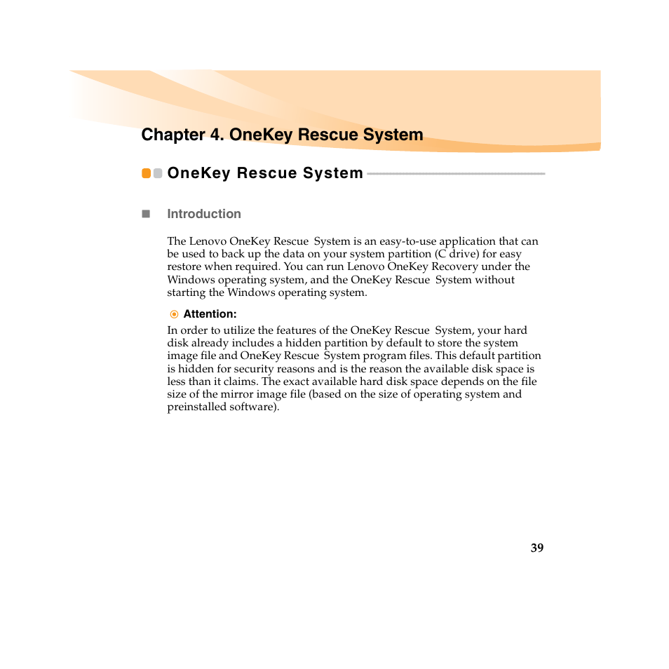 Chapter 4. onekey rescue system, Onekey rescue system | Lenovo IdeaPad U450 User Manual | Page 53 / 142