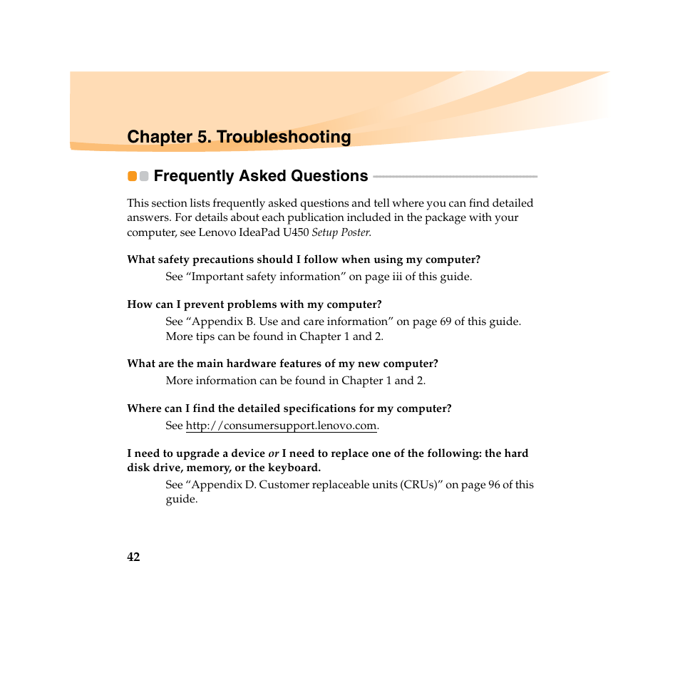 Chapter 5. troubleshooting, Frequently asked questions | Lenovo IdeaPad U450 User Manual | Page 56 / 142