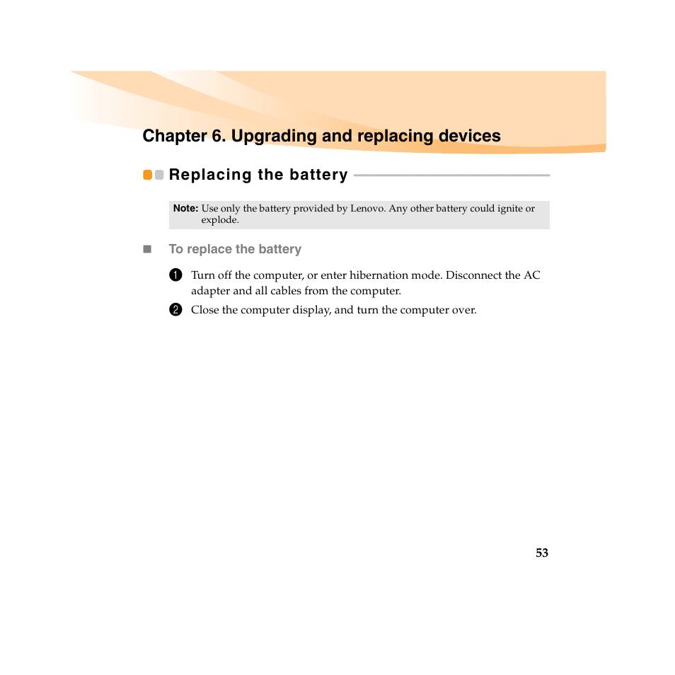 Chapter 6. upgrading and replacing devices, Replacing the battery | Lenovo IdeaPad U450 User Manual | Page 67 / 142