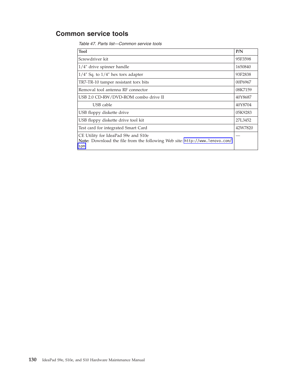Common service tools, Common, Service | Tools | Lenovo IdeaPad S9e -FR User Manual | Page 138 / 142