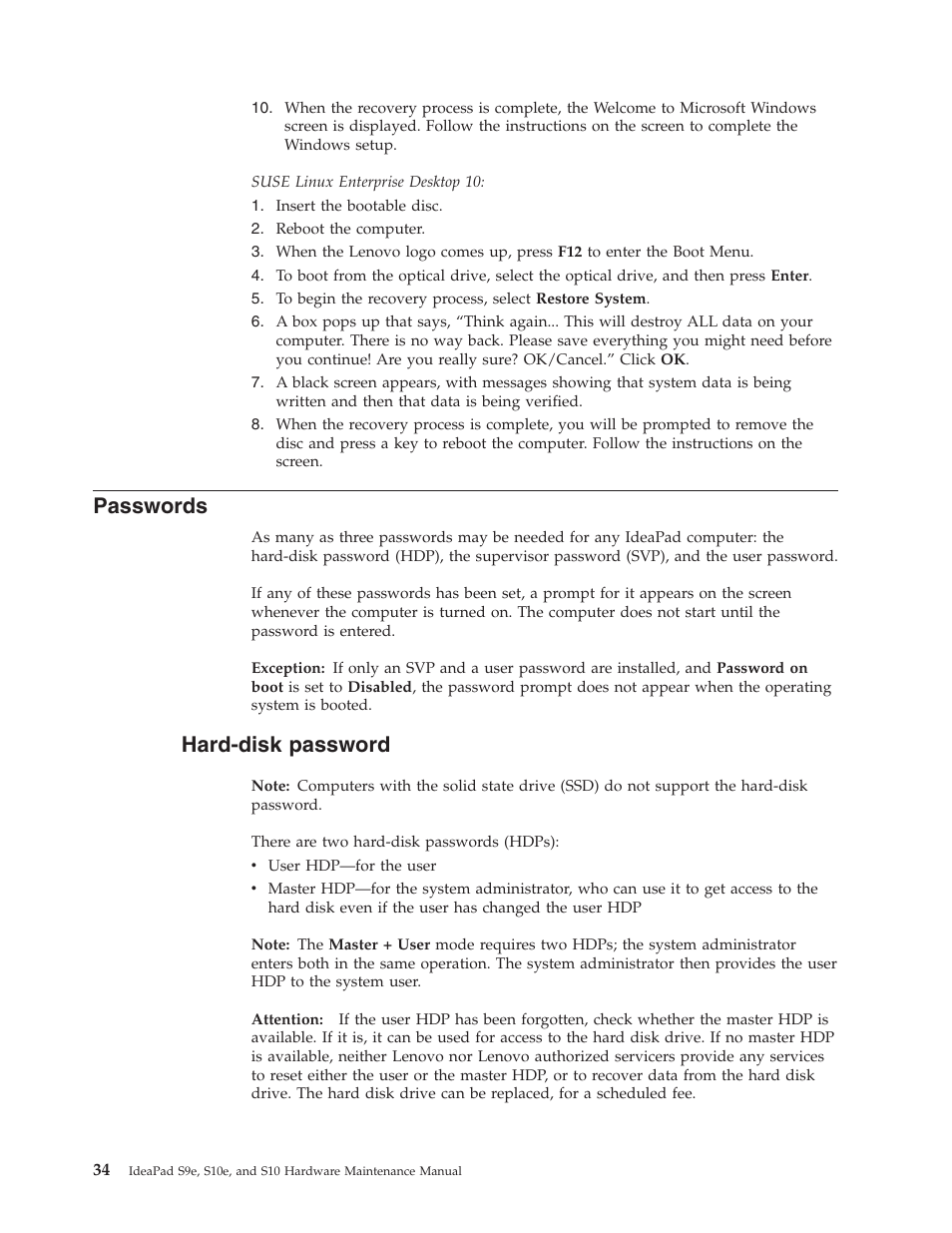 Passwords, Hard-disk password, Hard-disk | Password | Lenovo IdeaPad S9e -FR User Manual | Page 42 / 142