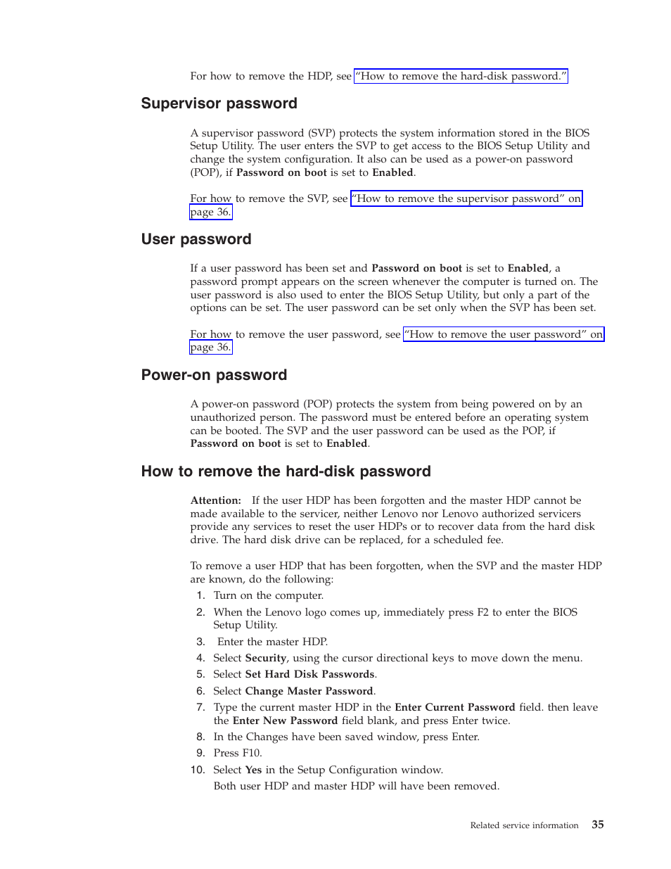 Supervisor password, User password, Power-on password | How to remove the hard-disk password, Supervisor, Password, User, Power-on, Remove, Hard-disk | Lenovo IdeaPad S9e -FR User Manual | Page 43 / 142