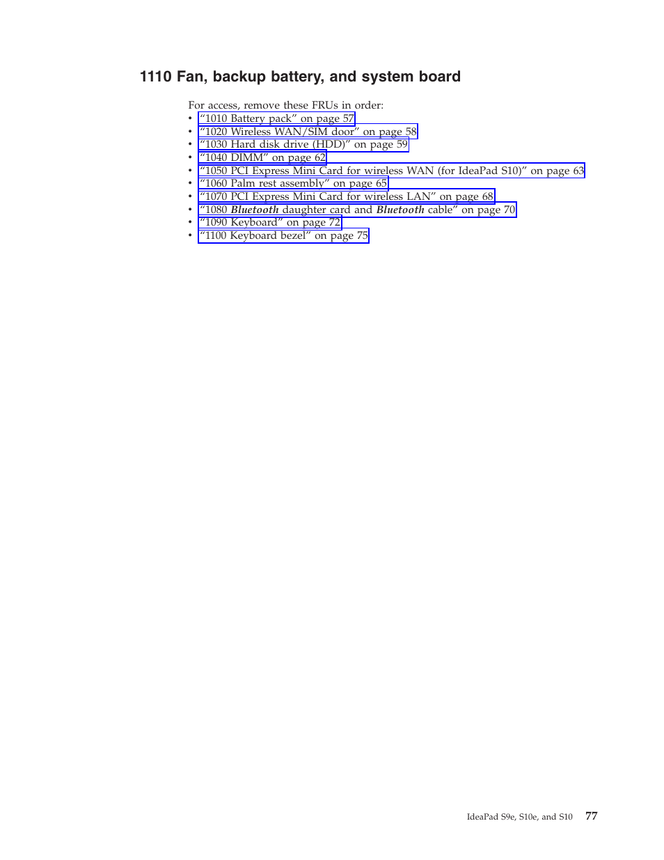 1110 fan, backup battery, and system board, Backup, Battery | System, Board | Lenovo IdeaPad S9e -FR User Manual | Page 85 / 142