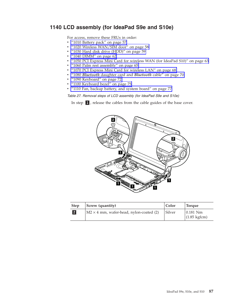 1140 lcd assembly (for ideapad s9e and s10e), Assembly, Ideapad | S10e) | Lenovo IdeaPad S9e -FR User Manual | Page 95 / 142