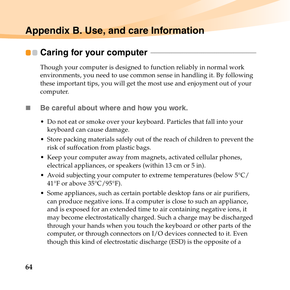 Appendix b. use, and care information, Caring for your computer | Lenovo K23 Notebook User Manual | Page 78 / 146