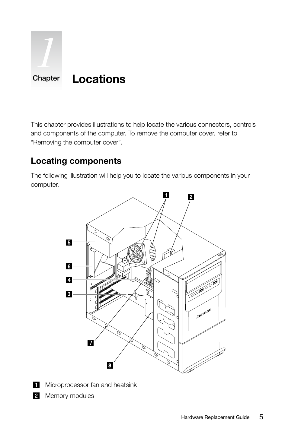 Locations, Locating components | Lenovo H415 Desktop User Manual | Page 10 / 37