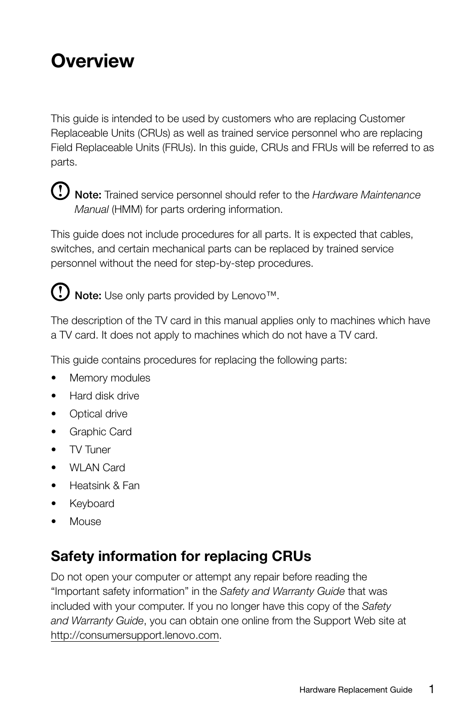 Overview, Safety information for replacing crus | Lenovo H415 Desktop User Manual | Page 6 / 37
