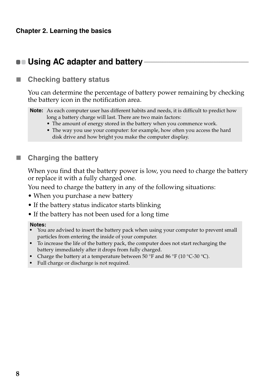 Using ac adapter and battery, Checking battery status, Charging the battery | Lenovo IdeaPad V360 User Manual | Page 12 / 58