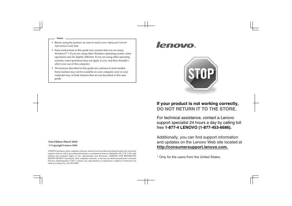 Do not return it to the store, If your product is not working correctly, Only for the users from the united states | Lenovo IdeaPad V360 User Manual | Page 2 / 58