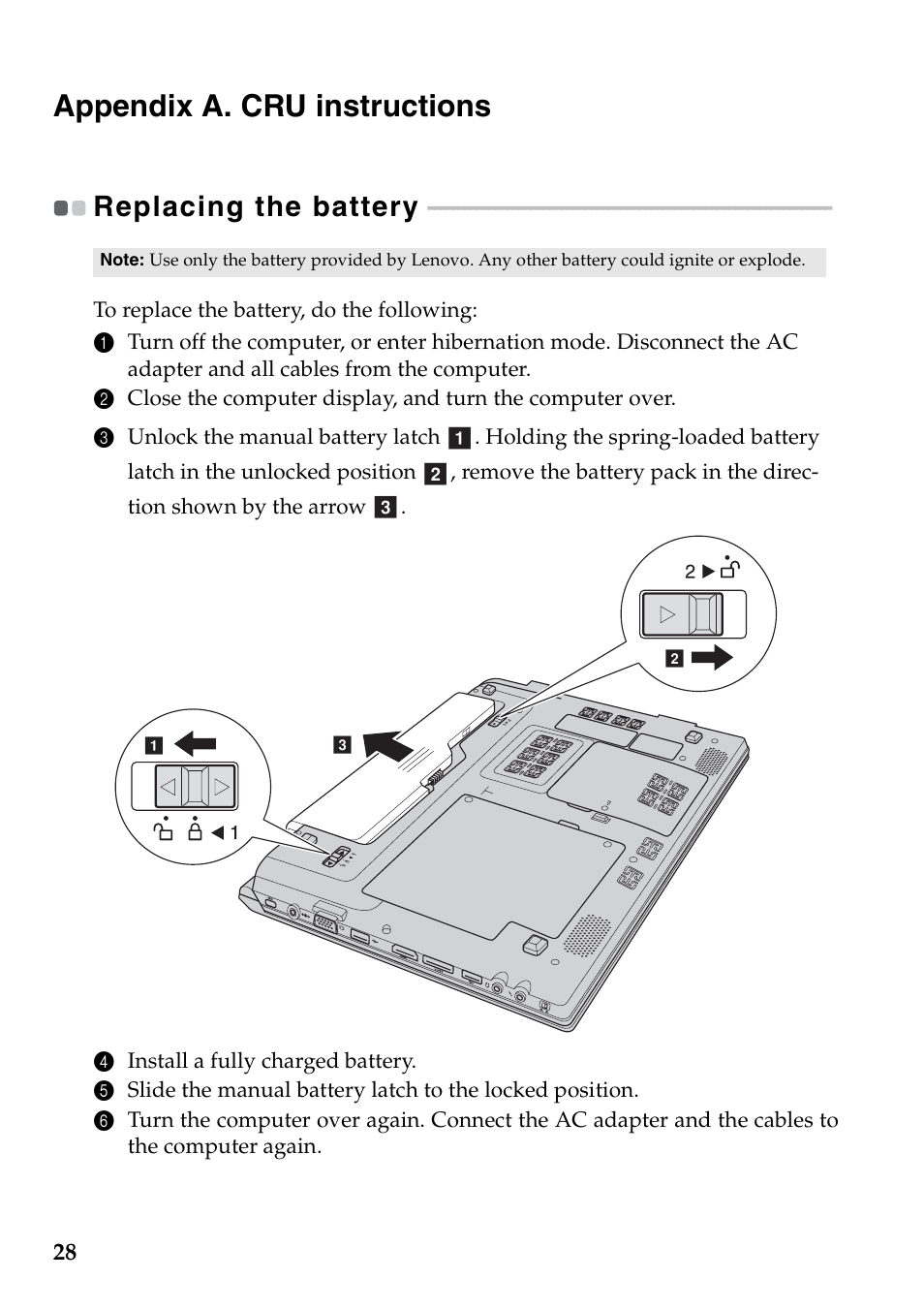 Appendix a. cru instructions, Replacing the battery | Lenovo IdeaPad V360 User Manual | Page 32 / 58