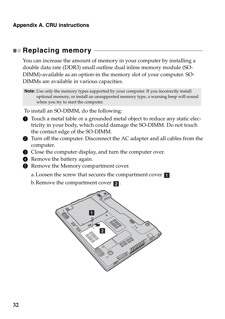Replacing memory | Lenovo IdeaPad V360 User Manual | Page 36 / 58