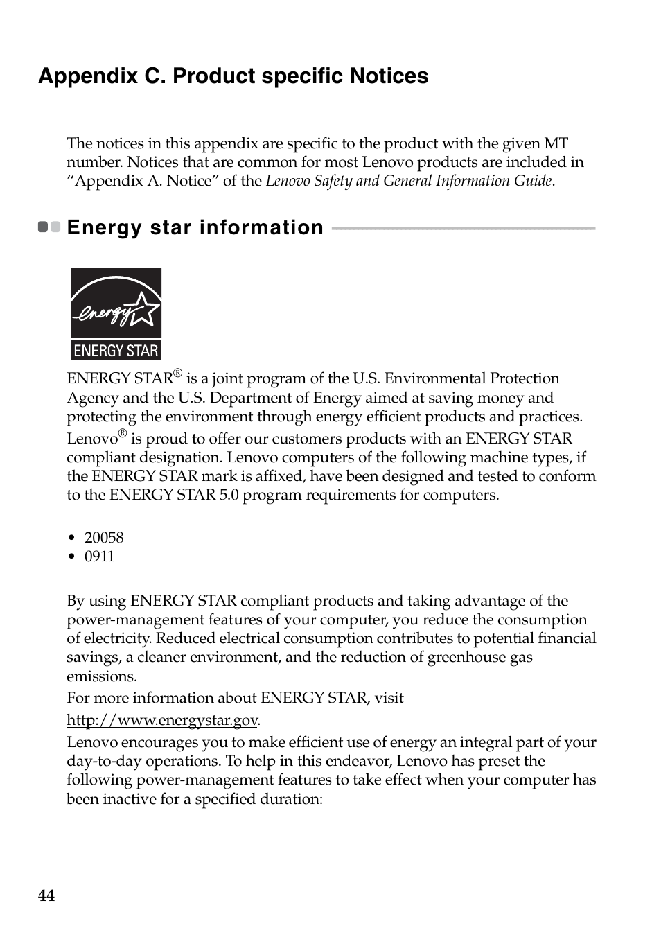 Appendix c. product specific notices, Energy star information | Lenovo IdeaPad V360 User Manual | Page 48 / 58
