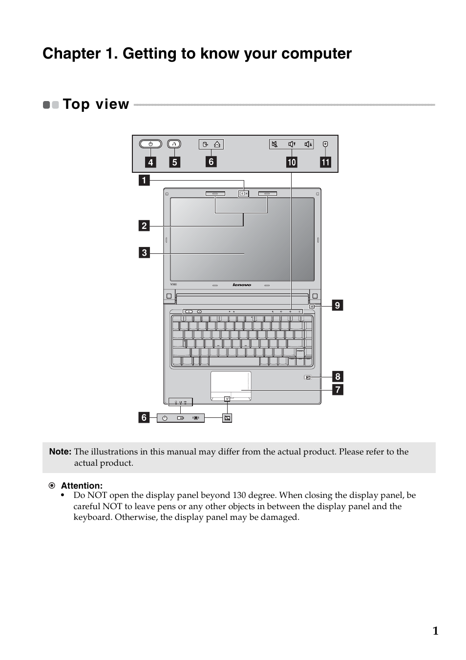 Chapter 1. getting to know your computer, Top view | Lenovo IdeaPad V360 User Manual | Page 5 / 58