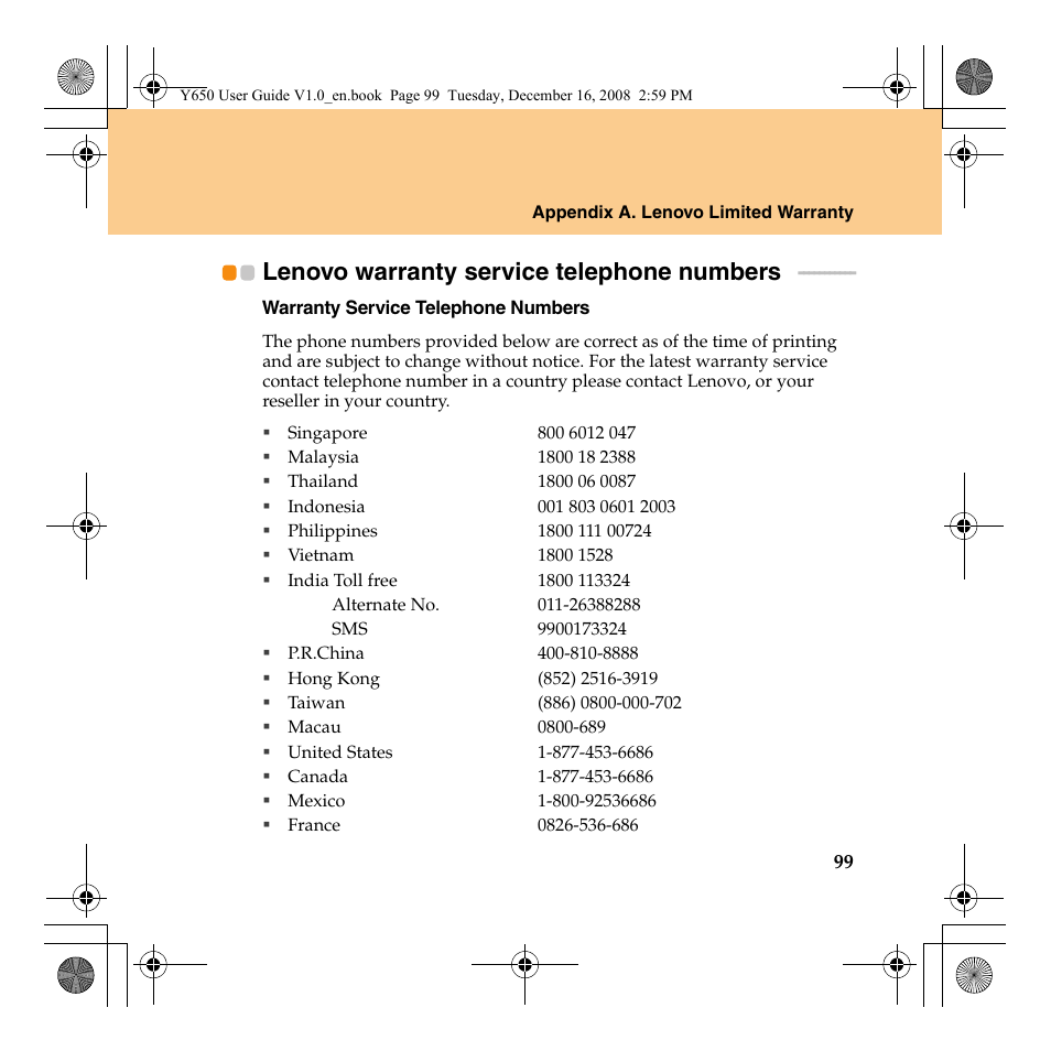 Lenovo warranty service telephone numbers | Lenovo IdeaPad Y650 User Manual | Page 107 / 138