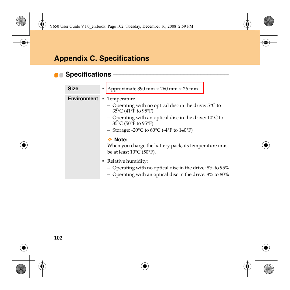 Appendix c. specifications, Specifications | Lenovo IdeaPad Y650 User Manual | Page 110 / 138