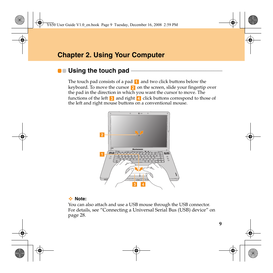 Chapter 2. using your computer, Using the touch pad | Lenovo IdeaPad Y650 User Manual | Page 17 / 138