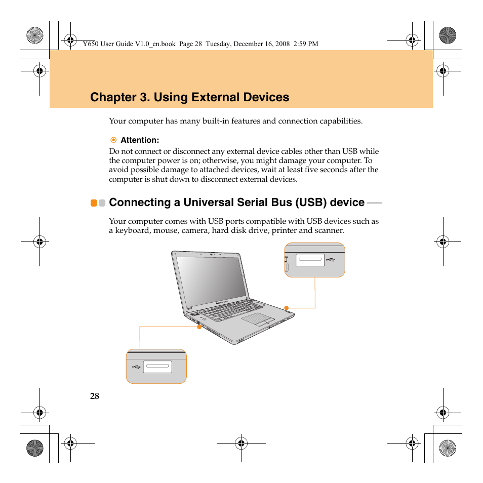 Chapter 3. using external devices, Connecting a universal serial bus (usb) device | Lenovo IdeaPad Y650 User Manual | Page 36 / 138