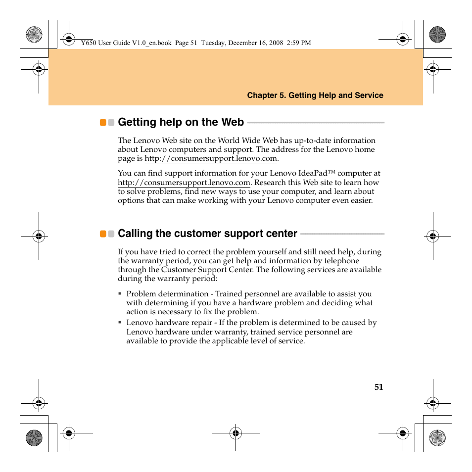 Getting help on the web, Calling the customer support center | Lenovo IdeaPad Y650 User Manual | Page 59 / 138