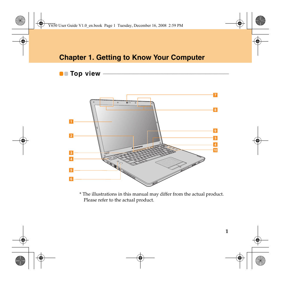 Chapter 1. getting to know your computer, Top view | Lenovo IdeaPad Y650 User Manual | Page 9 / 138