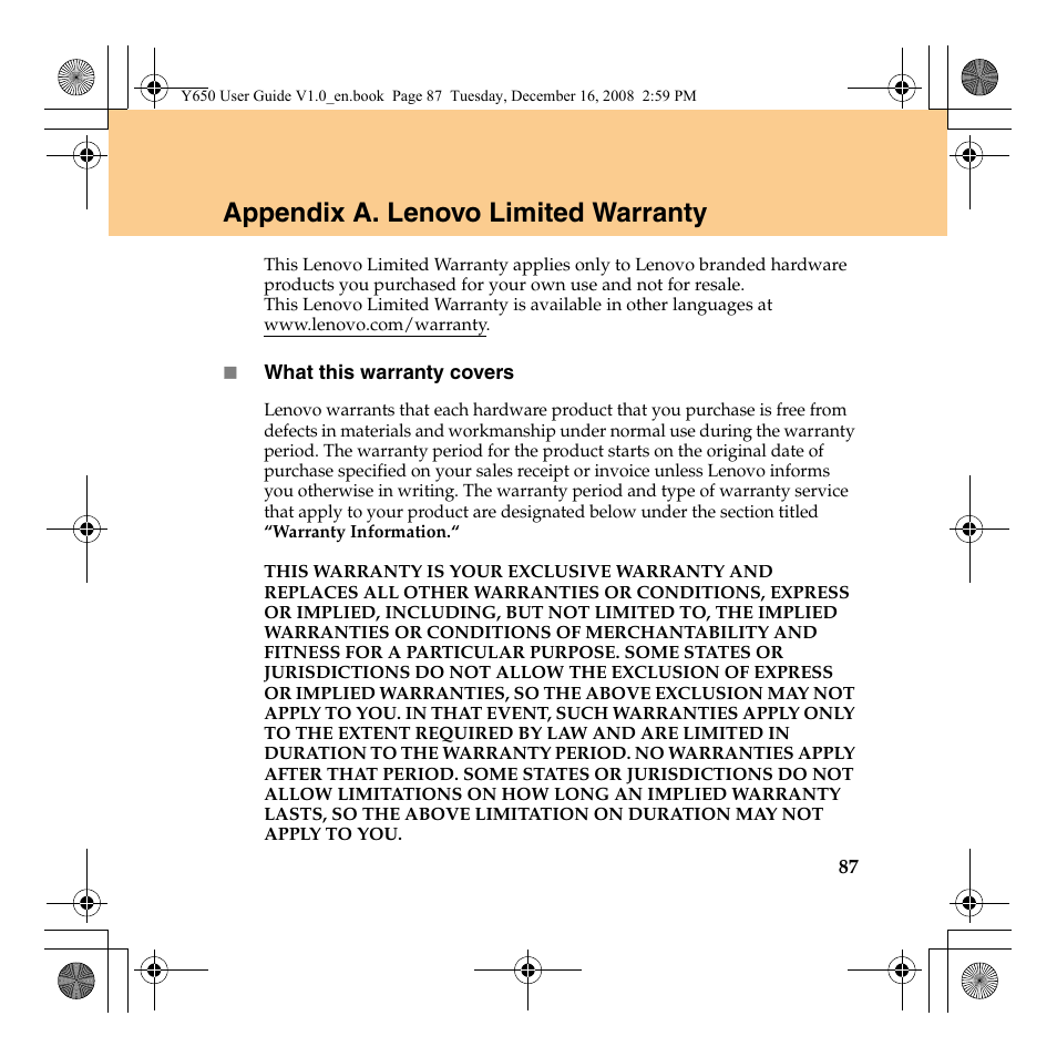 Appendix a. lenovo limited warranty | Lenovo IdeaPad Y650 User Manual | Page 95 / 138