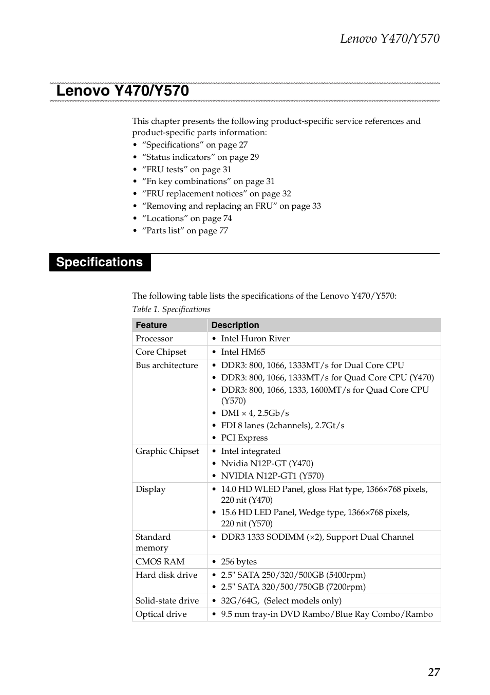Lenovo y470/y570, Specifications, Lenovo y470/y570 specifications | Lenovo IDEAPAD Y570 User Manual | Page 31 / 103