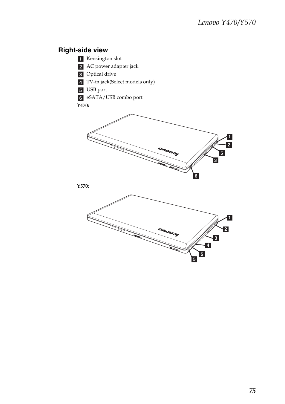 Right-side view, 75 right-side view | Lenovo IDEAPAD Y570 User Manual | Page 79 / 103