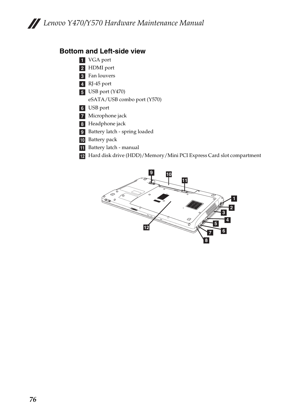 Bottom and left-side view, 76 bottom and left-side view | Lenovo IDEAPAD Y570 User Manual | Page 80 / 103
