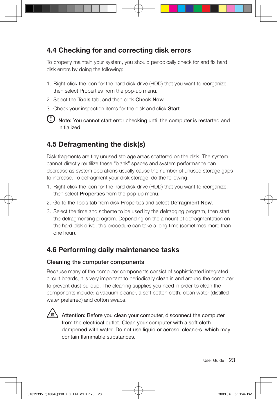4 checking for and correcting disk errors, 5 defragmenting the disk(s), 6 performing daily maintenance tasks | Lenovo IdeaCentre Q110 User Manual | Page 28 / 35