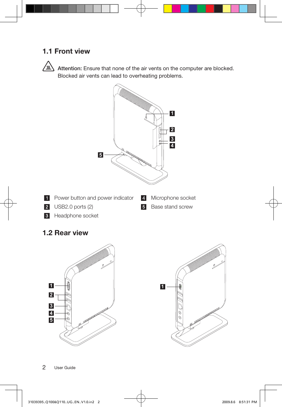 1 front view, 2 rear view | Lenovo IdeaCentre Q110 User Manual | Page 7 / 35