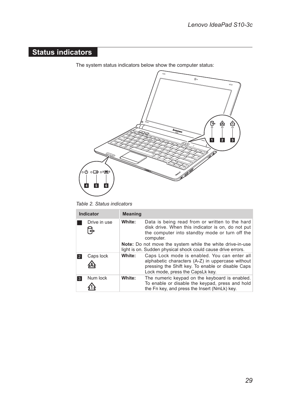 Status indicators, Lenovo ideapad s10-3c | Lenovo IdeaPad S10-3c User Manual | Page 33 / 88