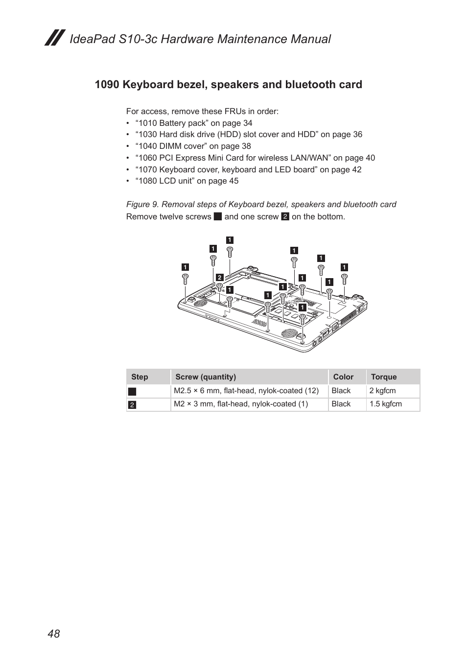 1090 keyboard bezel, speakers and bluetooth card, 1090 keyboard bezel, speakers and bluetooth, Card | Ideapad s10-3c hardware maintenance manual | Lenovo IdeaPad S10-3c User Manual | Page 52 / 88