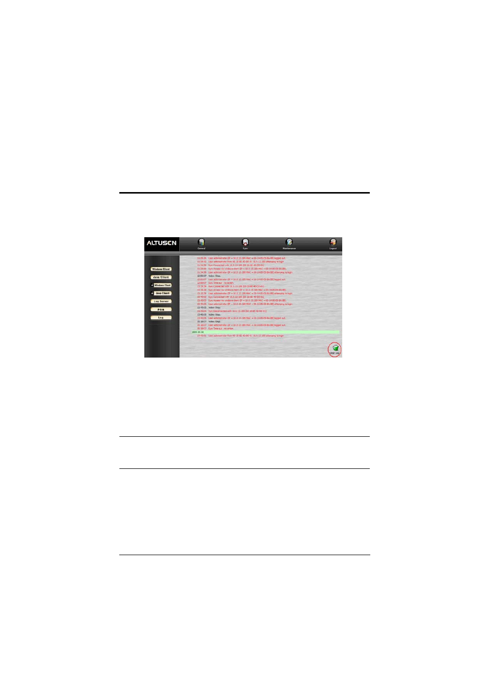The log file, The main screen, Chapter 8. the log file | Chapter 8, the log file, Chapter 8 | ATEN ALTUSCN KH1516I User Manual | Page 127 / 172
