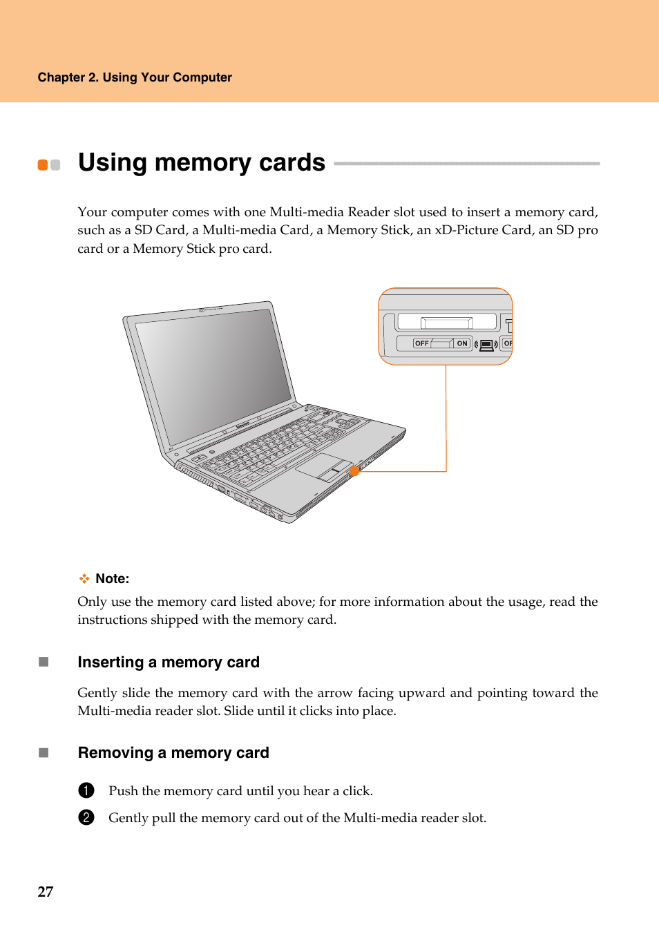 Using memory cards | Lenovo IdeaPad Y710 User Manual | Page 32 / 102