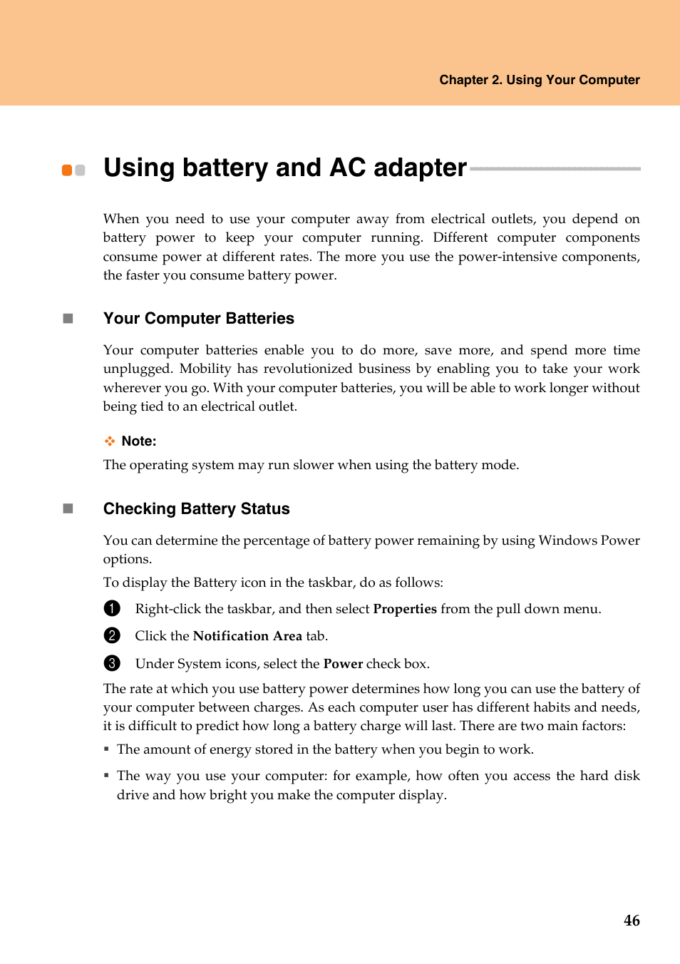Using battery and ac adapter | Lenovo IdeaPad Y710 User Manual | Page 51 / 102