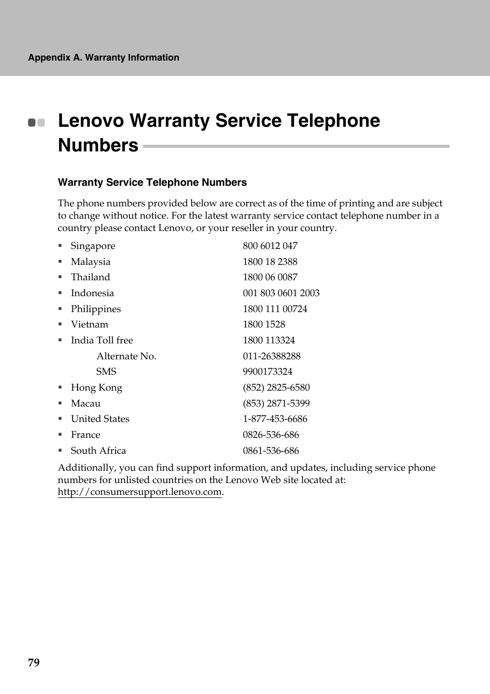 Lenovo warranty service telephone numbers | Lenovo IdeaPad Y710 User Manual | Page 84 / 102