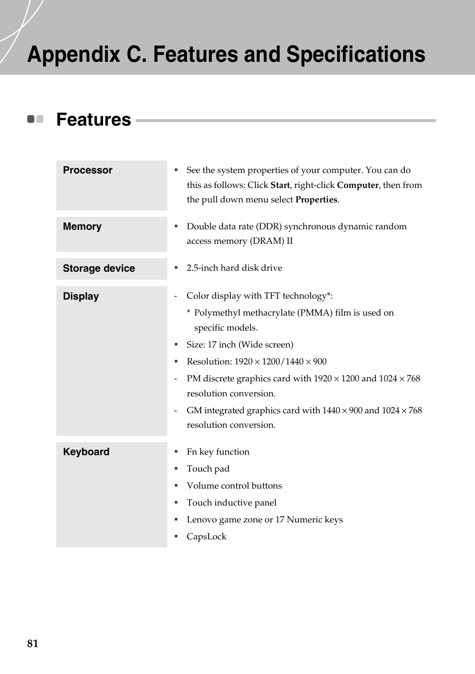 Appendix c. features and specifications, Features | Lenovo IdeaPad Y710 User Manual | Page 86 / 102