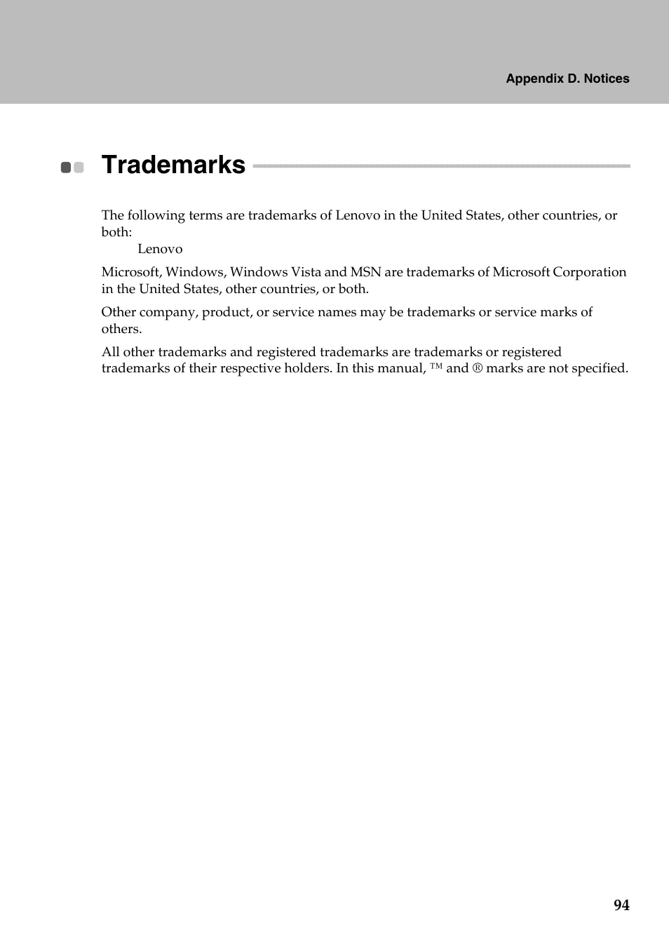 Trademarks | Lenovo IdeaPad Y710 User Manual | Page 99 / 102