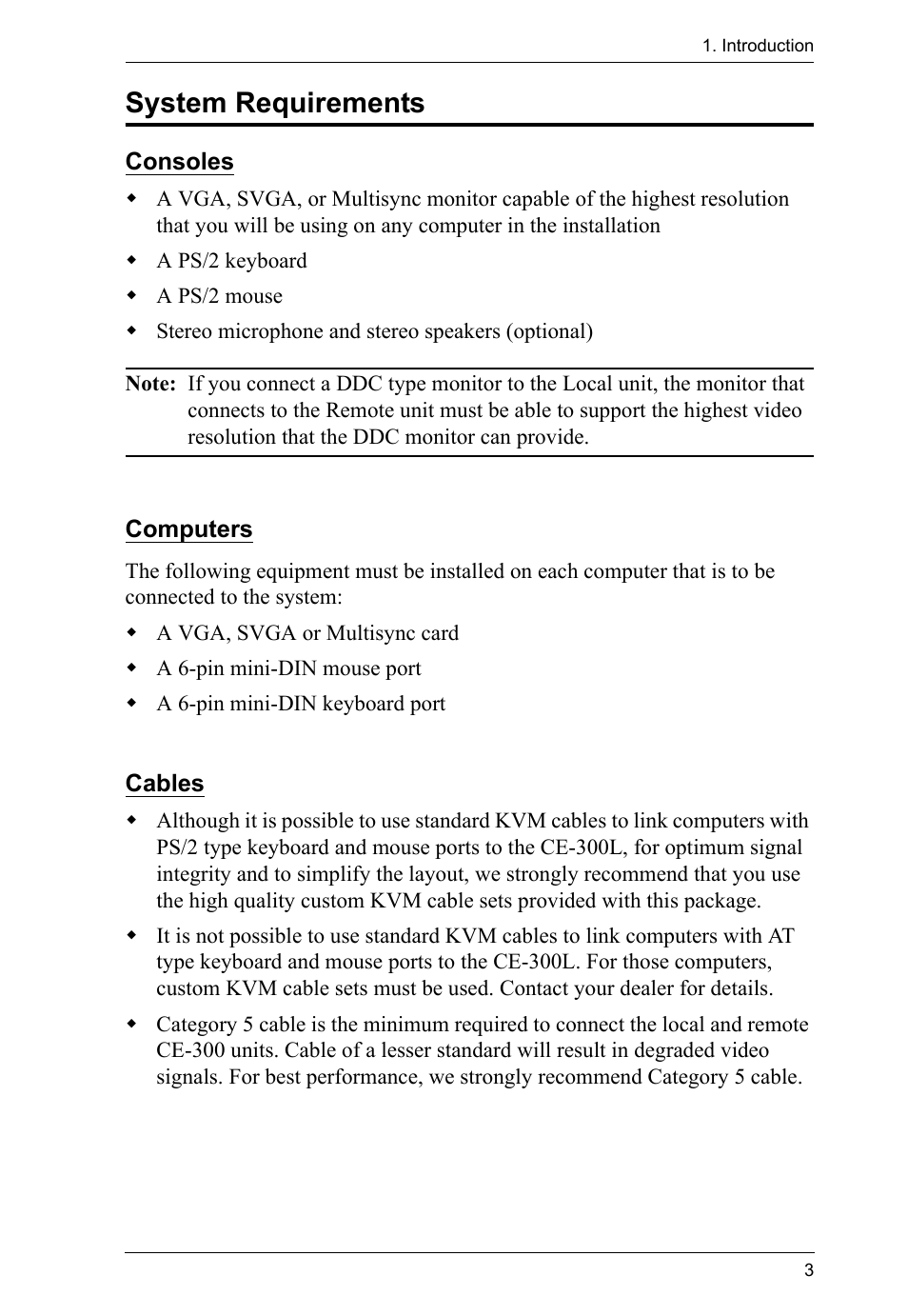 System requirements, Consoles, Computers | Cables, Consoles computers cables | ATEN CE-300 User Manual | Page 11 / 33