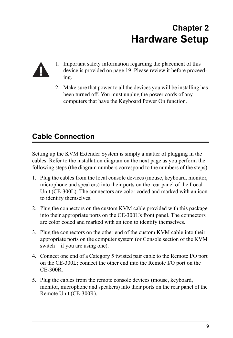 Hardware setup, Cable connection, Chapter 2 | ATEN CE-300 User Manual | Page 17 / 33