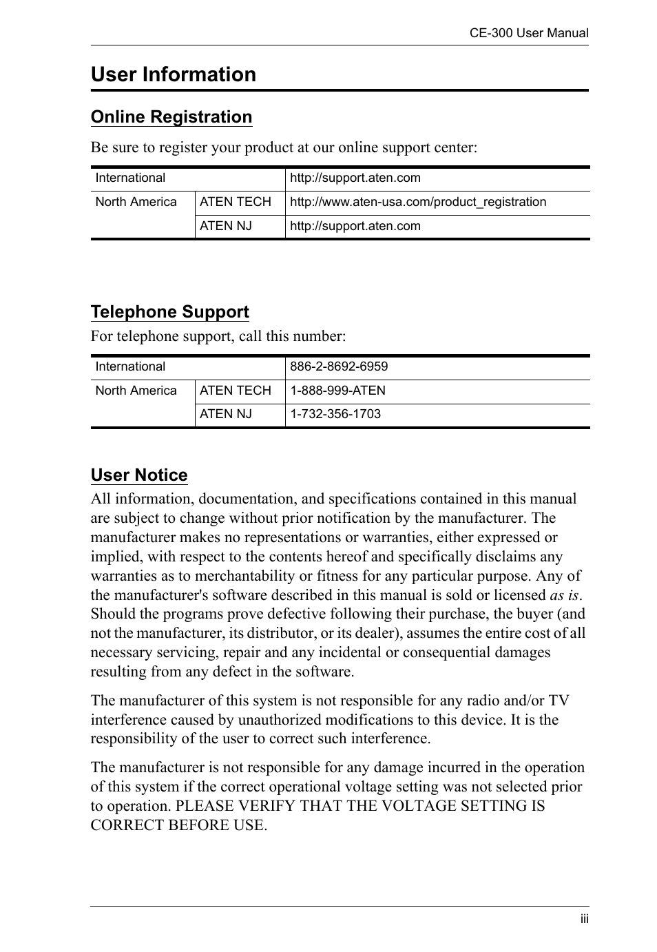 User information, Online registration, Telephone support | User notice | ATEN CE-300 User Manual | Page 3 / 33